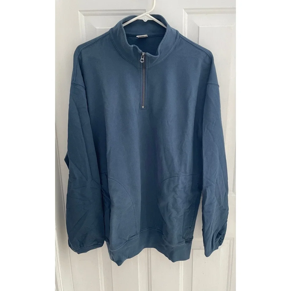 J. Crew Men Quarter Zip Sweatshirt Slate Blue Mock Neck Flag Logo